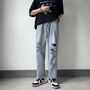 男秋款破洞牛仔裤男九分裤高街ins潮宽松直筒裤K803P38图片
