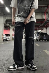 港风潮男夏季新款2022个性破洞牛仔裤嘻哈ins潮高街长裤N1007P38图片