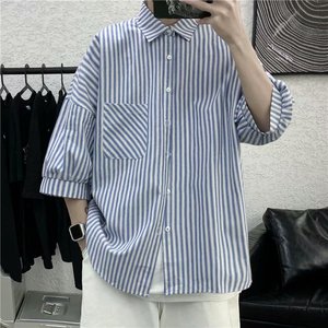 男士纯色全棉衬衣帅气短袖七分袖宽松条纹衬衫C017图片