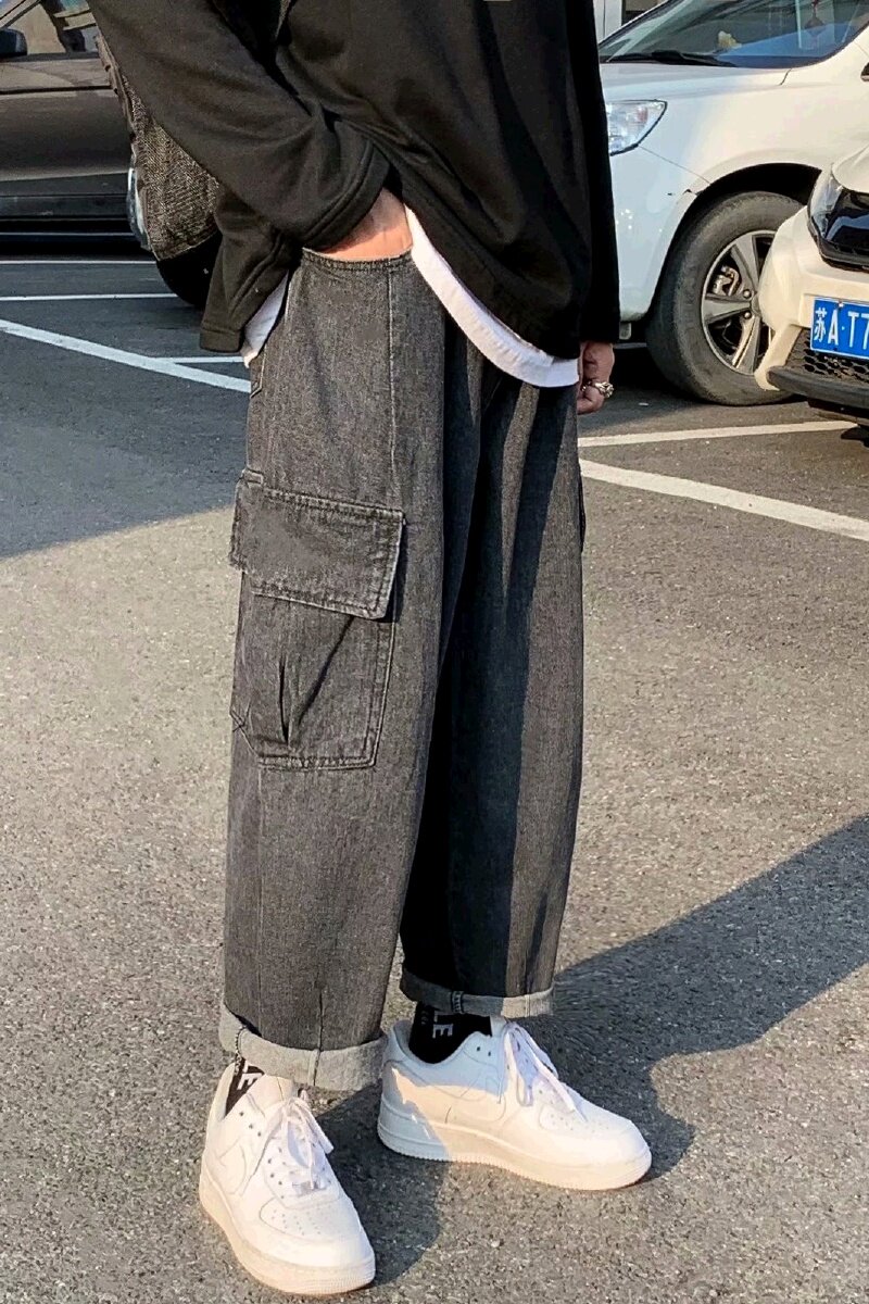 港风工装牛仔裤男直筒宽松阔腿九分裤百搭潮潮流复古长裤K1999P40,男装牛仔裤,星座1116-2