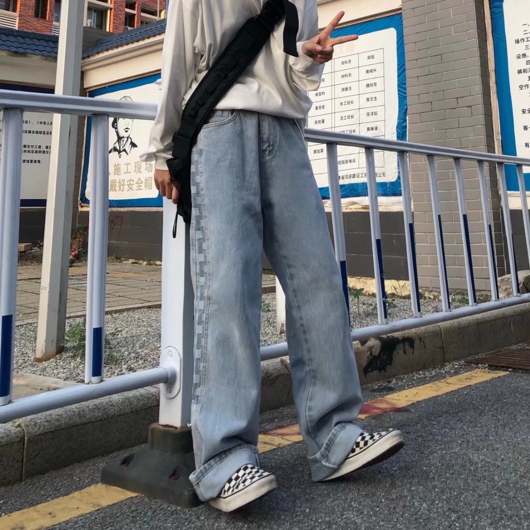 潮vibe炸街裤子高街ins潮牛仔裤棋盘格阔腿休闲裤N915P45图片