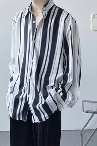夏季条纹衬衫男2022新款百搭设计感小众洋气上衣宽松衬衣C764P34图片