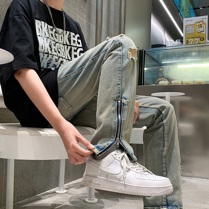 拉链开衩破洞牛仔裤男夏ins美式高街休闲裤宽松直筒阔腿裤N728P45图片