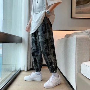 男休闲裤排扣迷彩裤束脚痞帅九分伦裤图片