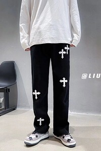 ins暗黑高街十字印花运动裤男夏装潮胖人宽松休闲卫裤N355P45图片