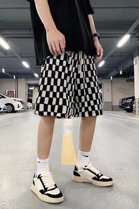 棋盘格裤子高街ins潮黑白格子裤男垂坠感直筒阔腿裤JD684P28图片