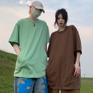 美式口袋设计感复古短袖T恤男女夏季宽松情侣半袖上衣潮T8036P32图片