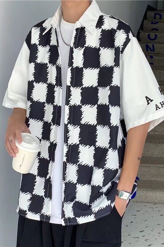 潮流衬衫格子男夏季慵懒简约五分袖宽松型时尚新款C627P33,男装衬衫,星座1116-2
