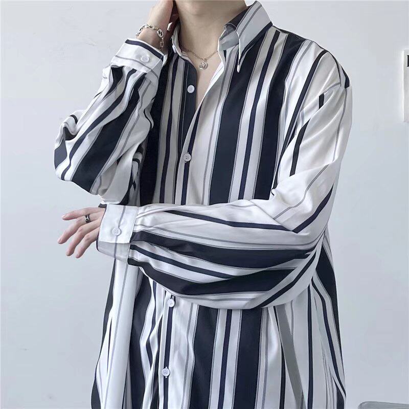 夏季条纹衬衫男2022新款百搭设计感小众洋气上衣宽松衬衣C764P34图片