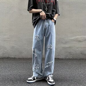 vibe炸街牛仔裤男宽松直筒裤子高街ins潮牌hiphop阔腿裤N940P43,怎样穿搭容易被街拍图片