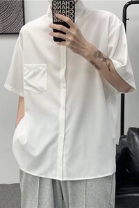 原宿风纯色百搭衬衫ins痞帅轻熟简约短袖宽松休闲衬衣男C618P26图片