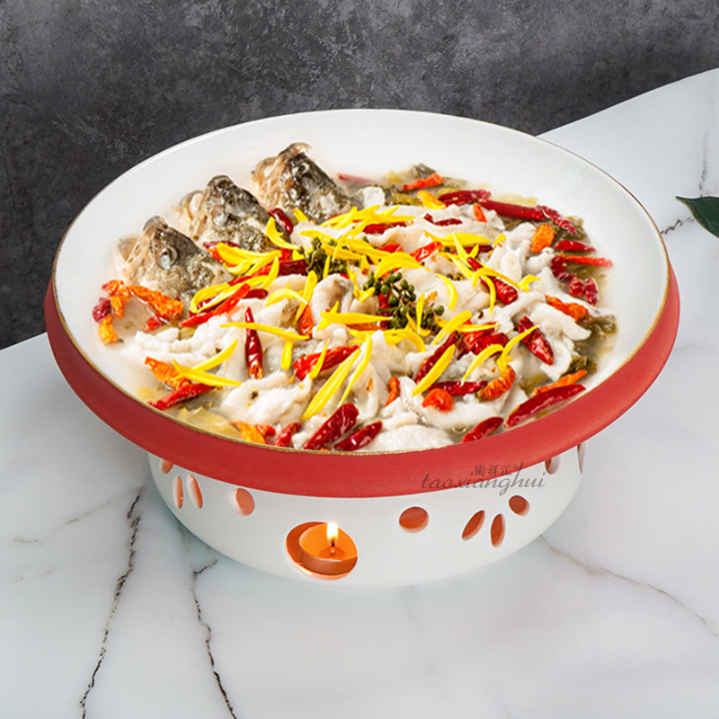 酒店餐厅创意摆档保温明炉蜡烛加热干锅陶瓷餐具水煮鱼炒鸡大盘子