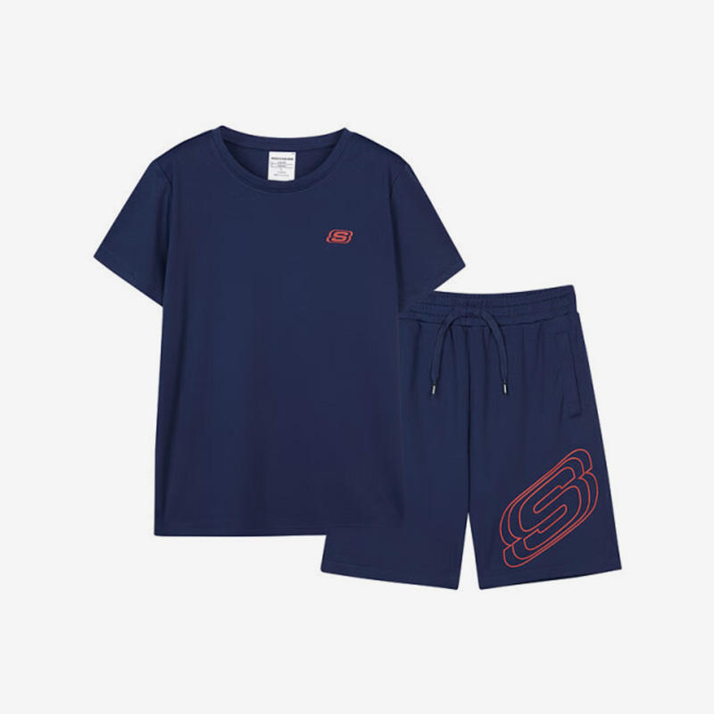 Skechers/斯凯奇正品夏季新款儿童休闲LOGO印花短袖短裤套装