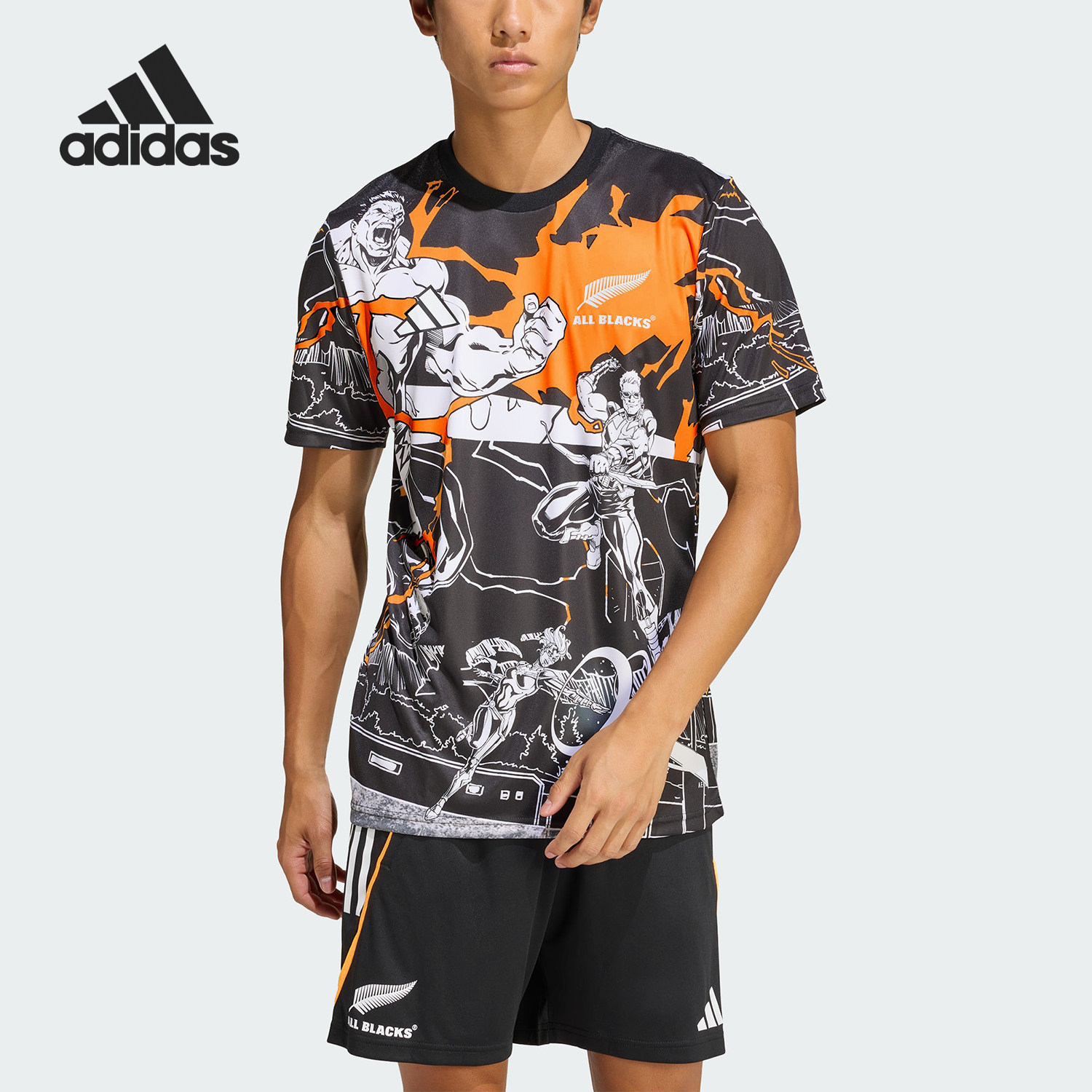 Adidas/阿迪达斯正品新款男黑橙色橄榄球跑步经典短袖T恤JV7531