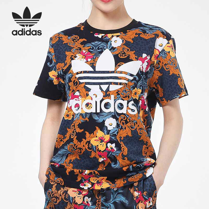 Adidas/阿迪达斯官方正品三叶草女子花卉休闲运动短袖T恤 GN3353