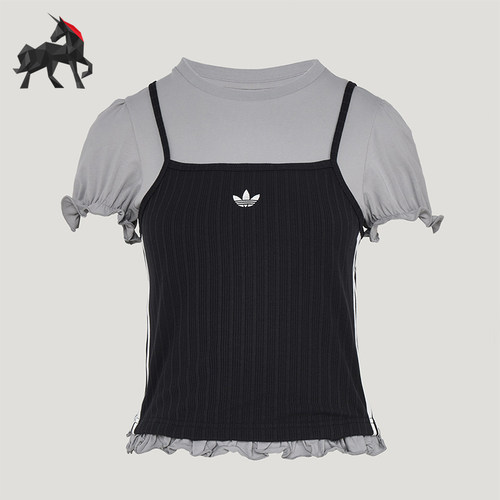 Adidas/阿迪达斯正品三叶草女士时尚经典花边下摆短袖T恤KY3299