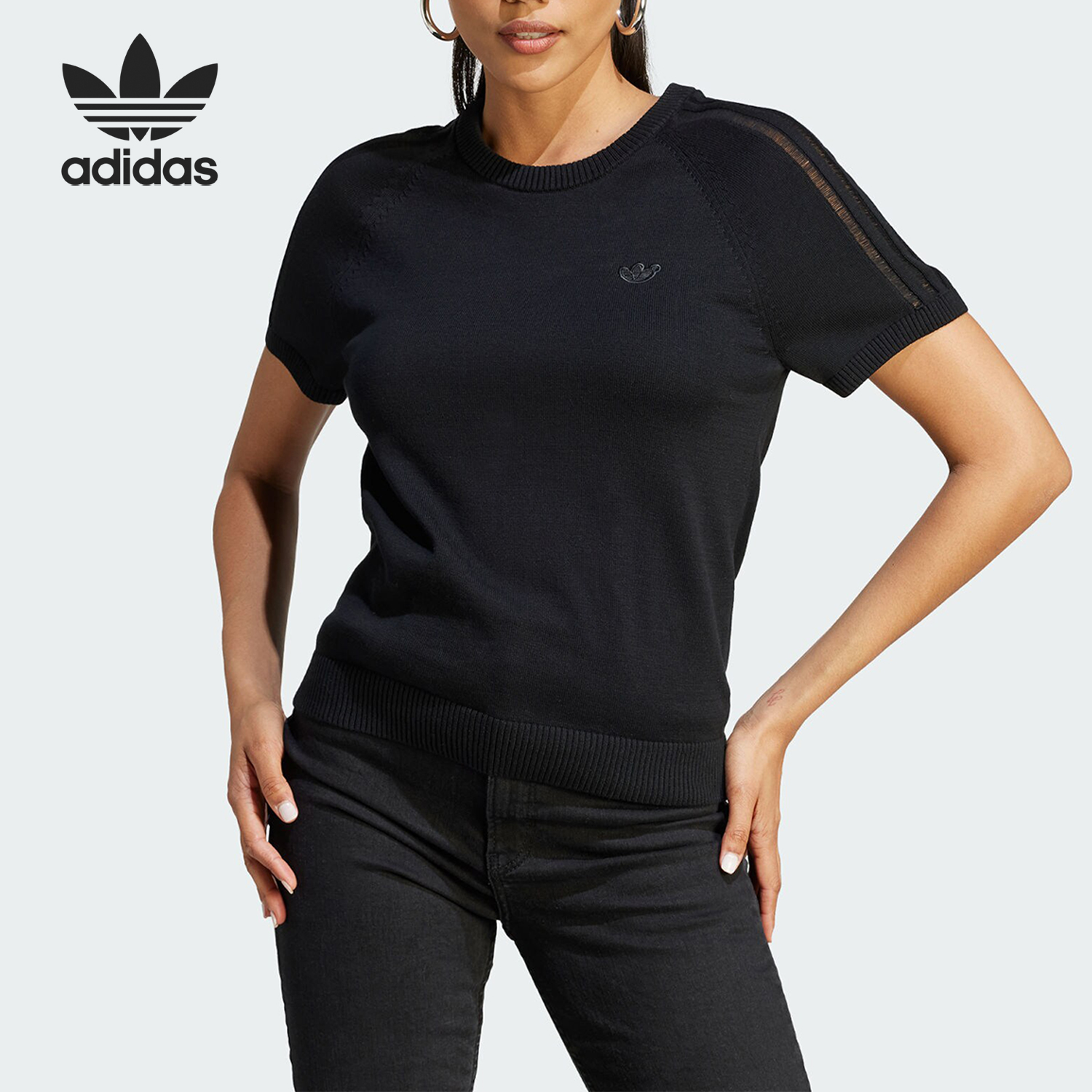 Adidas/阿迪达斯官方正品三叶草女子针织透气圆领短袖T恤IL8534