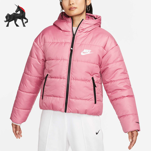 耐克女士简约短款拉链连帽棉服