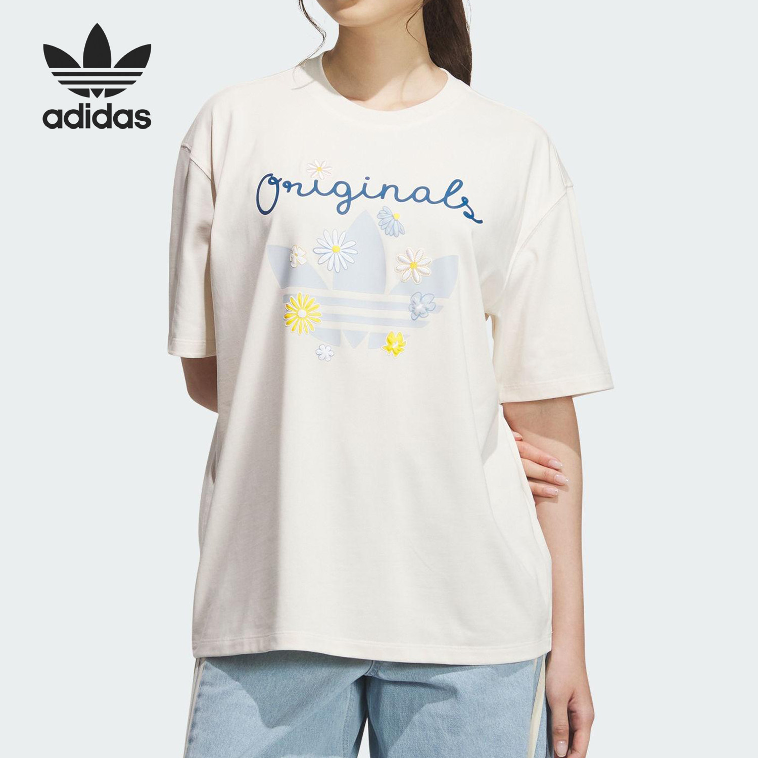 Adidas/阿迪达斯官方正品三叶草女士花卉印花居家休闲短袖KB8958