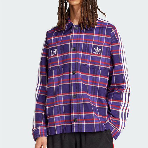 阿迪达斯男士格纹翻领长袖衬衫