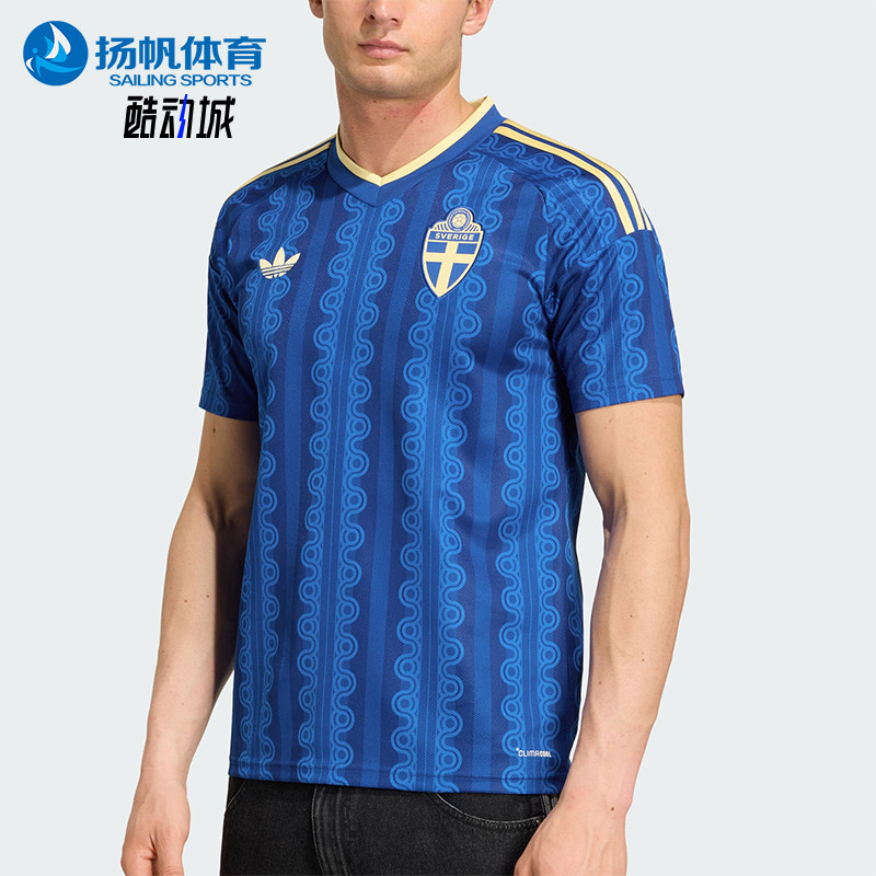 Adidas/阿迪达斯正品新款男蓝黄色足球V领足球经典短袖球衣JM5810