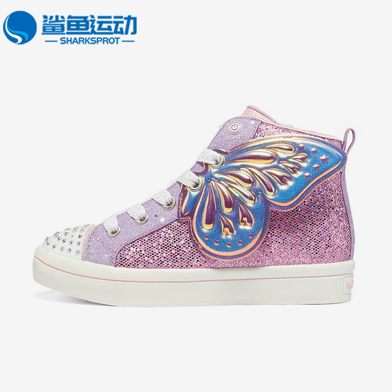 Skechers/斯凯奇正品新款女童高帮复古闪钻闪灯翅膀休闲鞋314435L