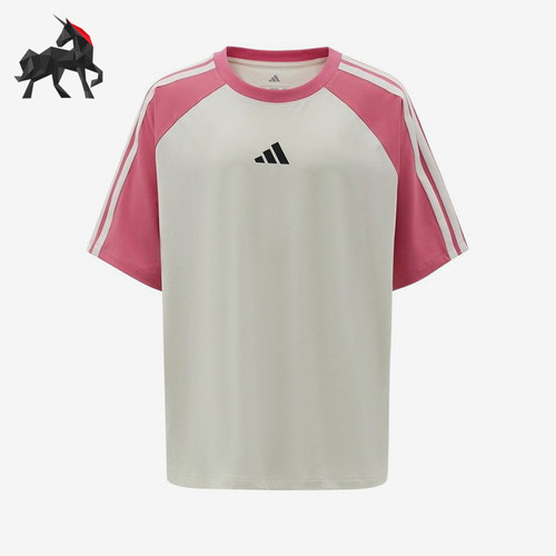 Adidas/阿迪达斯正品新款儿童白粉色圆领经典拼色短袖T恤KH0211