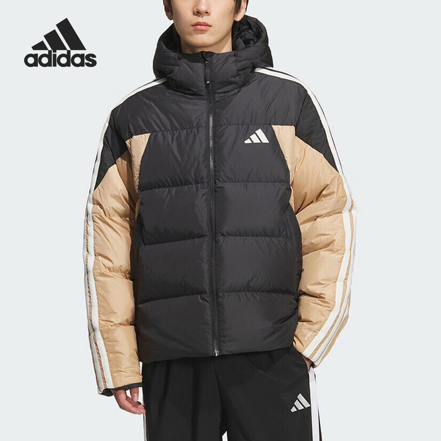 Adidas/阿迪达斯正品2025冬季款男士连帽拼接羽绒服KC2495