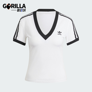 Adidas/阿迪达斯正品三叶草女士条纹V领透气短袖T恤IR8114