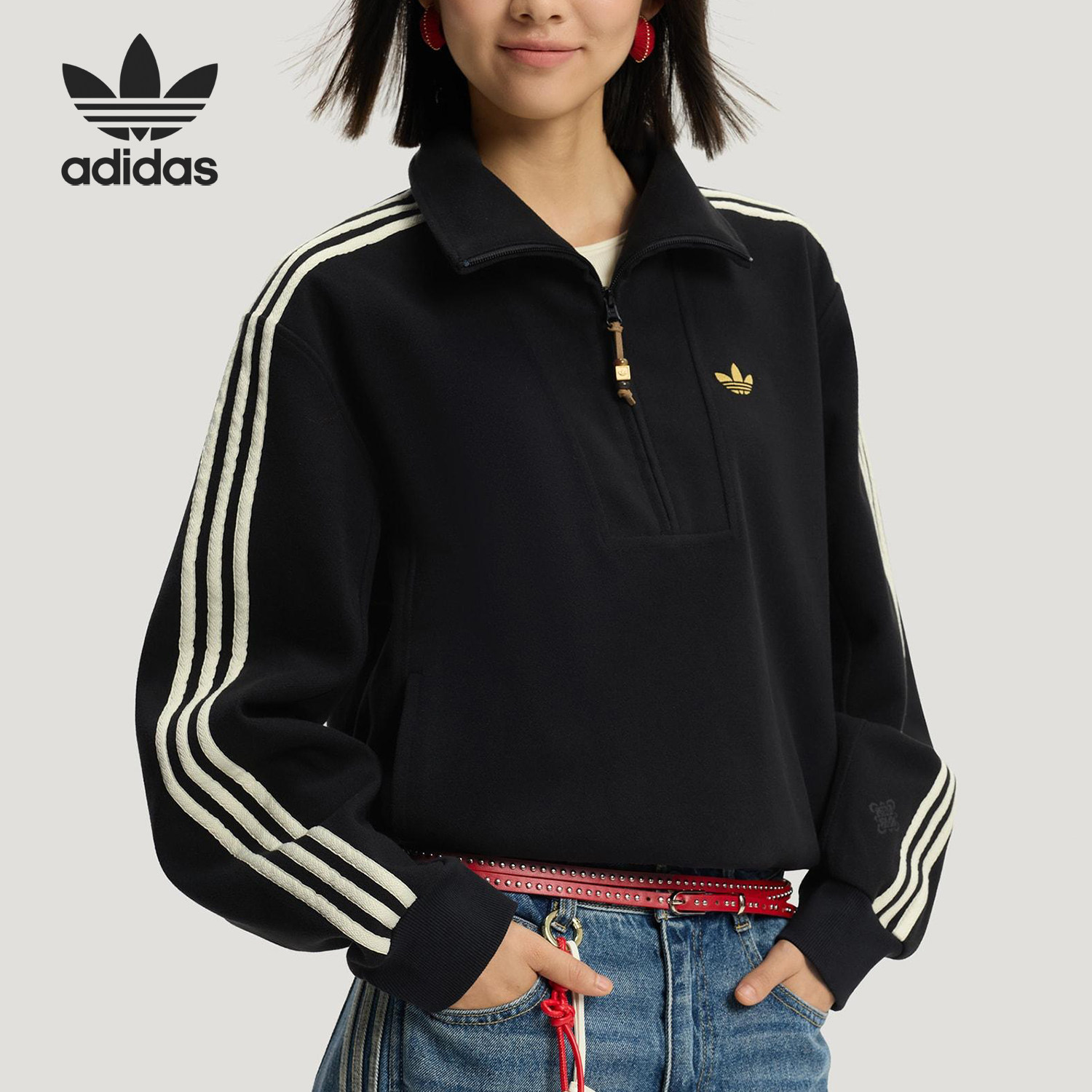 Adidas/阿迪达斯官方正品三叶草女士新年款短款卫衣套头衫KT3135