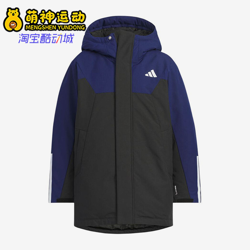 Adidas/阿迪达斯正品152新款儿童蓝黑色保暖经典连帽棉服KC5408