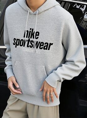 灰色连帽卫衣Nike耐克加绒外套冬季新款男士上衣厚款运动服HJ2160