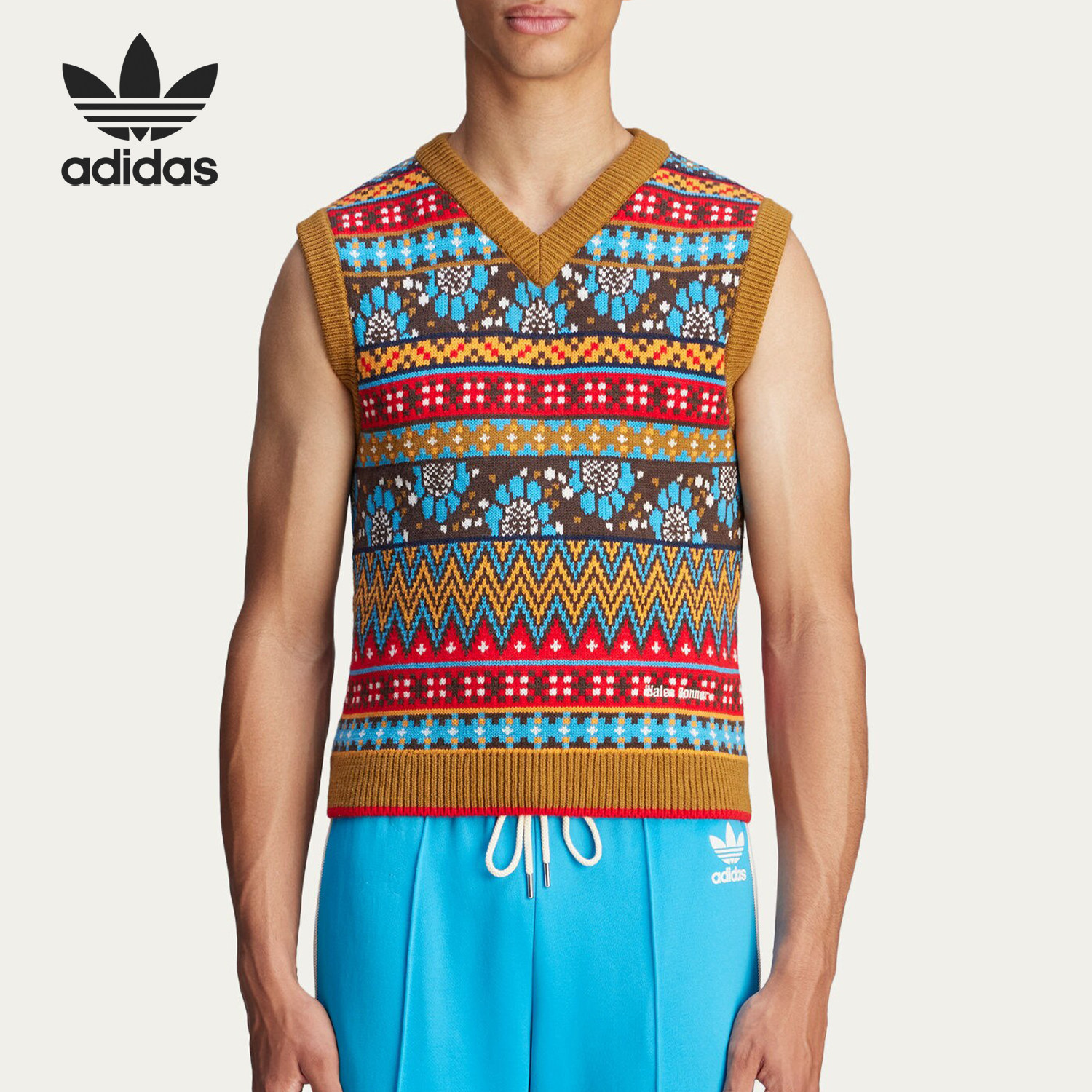Adidas/阿迪达斯正品三叶草男女V领时尚印花针织背心JE5983