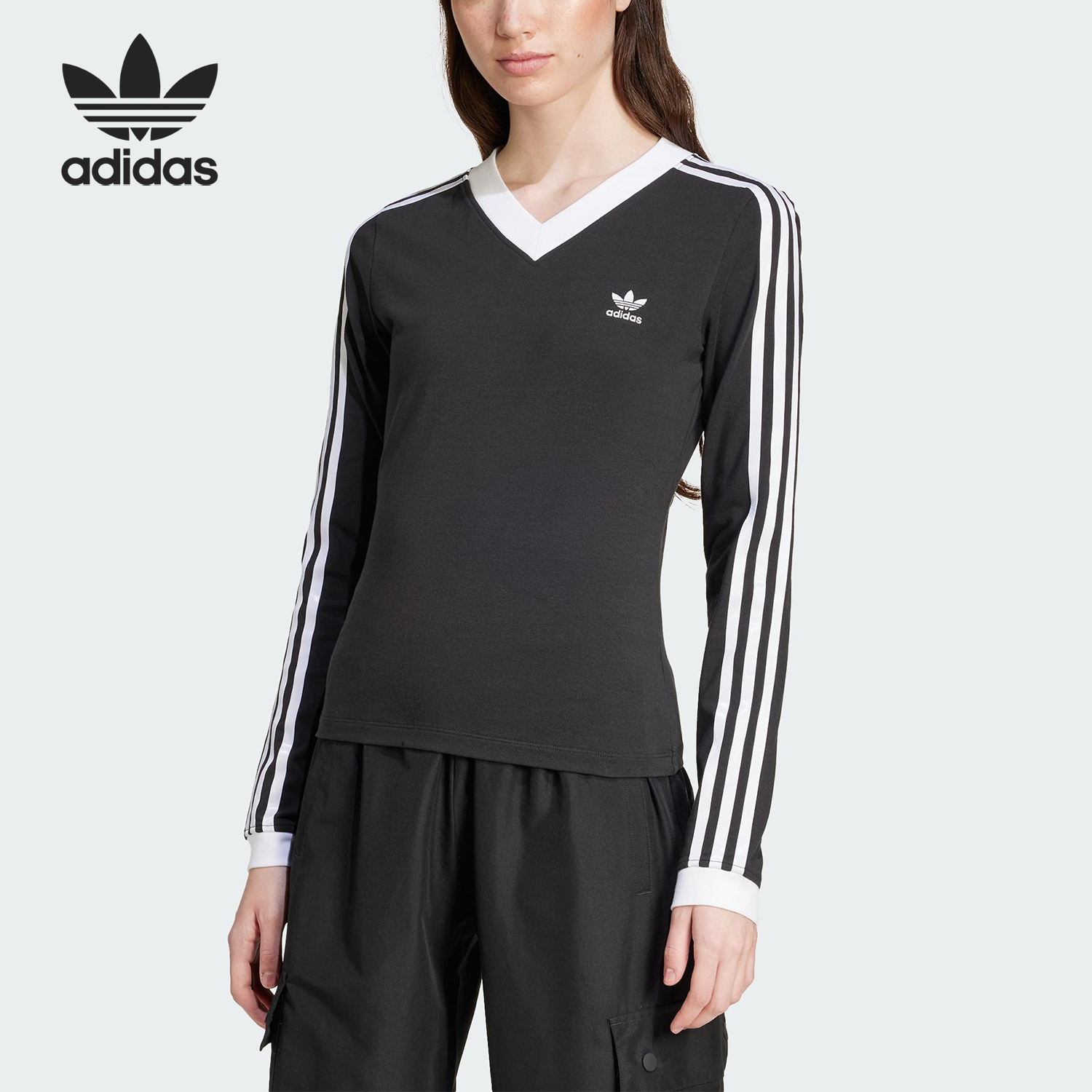 Adidas/阿迪达斯正品V-Neck Slim 女士V领经典修身长袖卫衣IY7247
