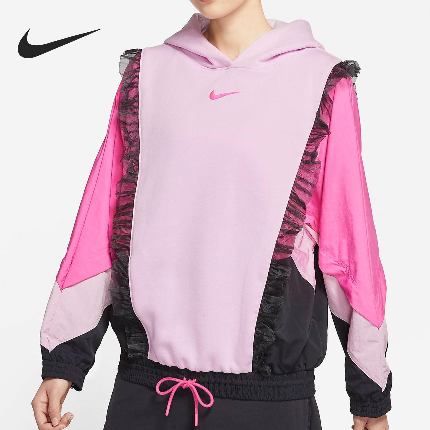 nike/耐克官方正品女子拼接连帽加绒运动卫衣套头衫 dh1371-626