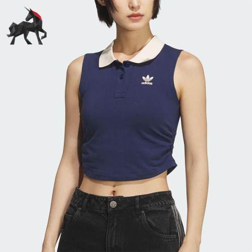 Adidas/阿迪达斯正品三叶草女士针织修身翻领短款透气背心KE3893