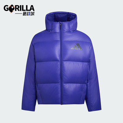 Adidas/阿迪达斯正品2025男士防风时尚连帽亮面保暖羽绒服KH3982