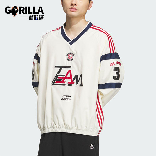 Adidas/阿迪达斯正品三叶草男士拼接宽松梭织V领长袖卫衣KC0112