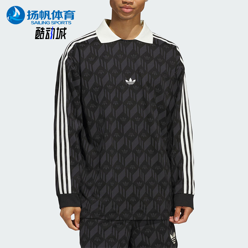 Adidas/阿迪达斯正品三叶草男女同款印花复古翻领长袖T恤JD5196