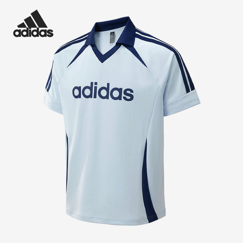 Adidas/阿迪达斯正品V领简约条纹男浅蓝色快干经典短袖T恤KY2146