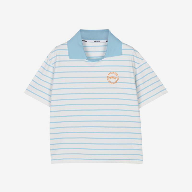 Skechers/斯凯奇正品2023新款夏条纹休闲儿童运动短袖POLO衫