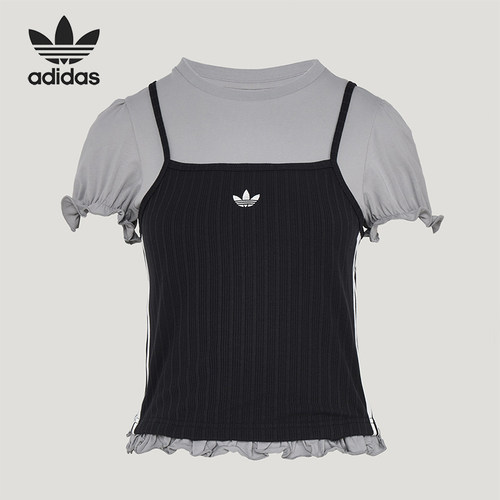 Adidas/阿迪达斯正品三叶草女士时尚经典花边下摆短袖T恤KY3299