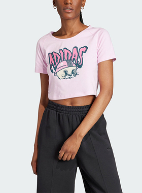 Adidas/阿迪达斯正品三叶草女士时尚潮印花短款休闲短袖T恤IV9299