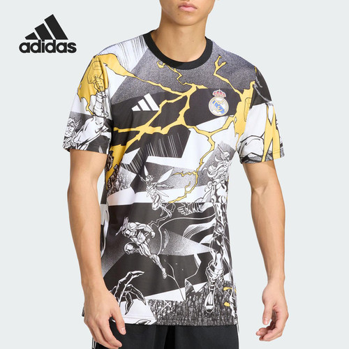 Adidas/阿迪达斯正品2025男士圆领套头透气足球短袖JZ9018