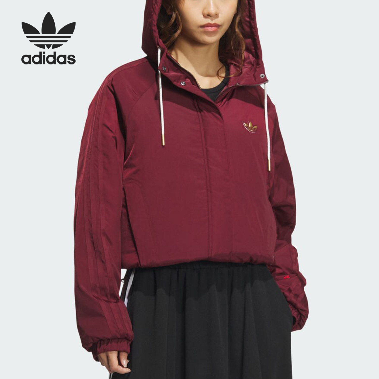 Adidas/阿迪达斯官方正品三叶草女士连帽梭织保暖短款棉服KA5313