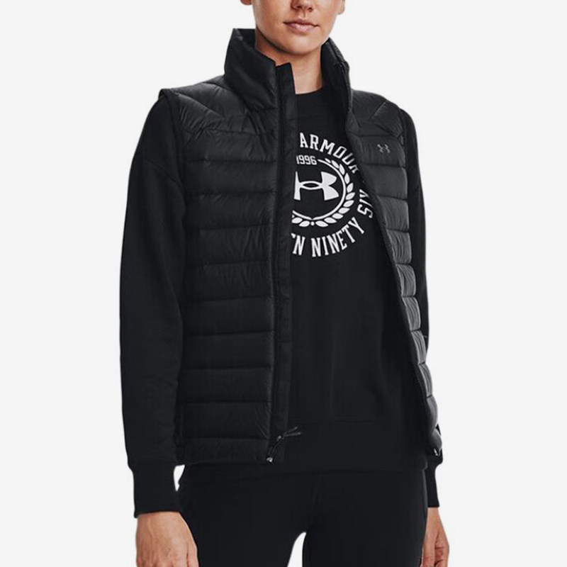 UA/安德玛正品运动女士简约立领保暖印花拉链羽绒马甲1372647-001