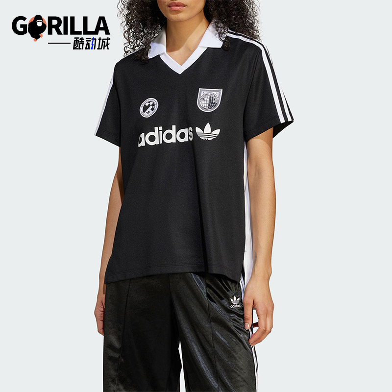 Adidas/阿迪达斯正品三叶草女士经典褶皱拼接翻领短袖T恤JZ6783