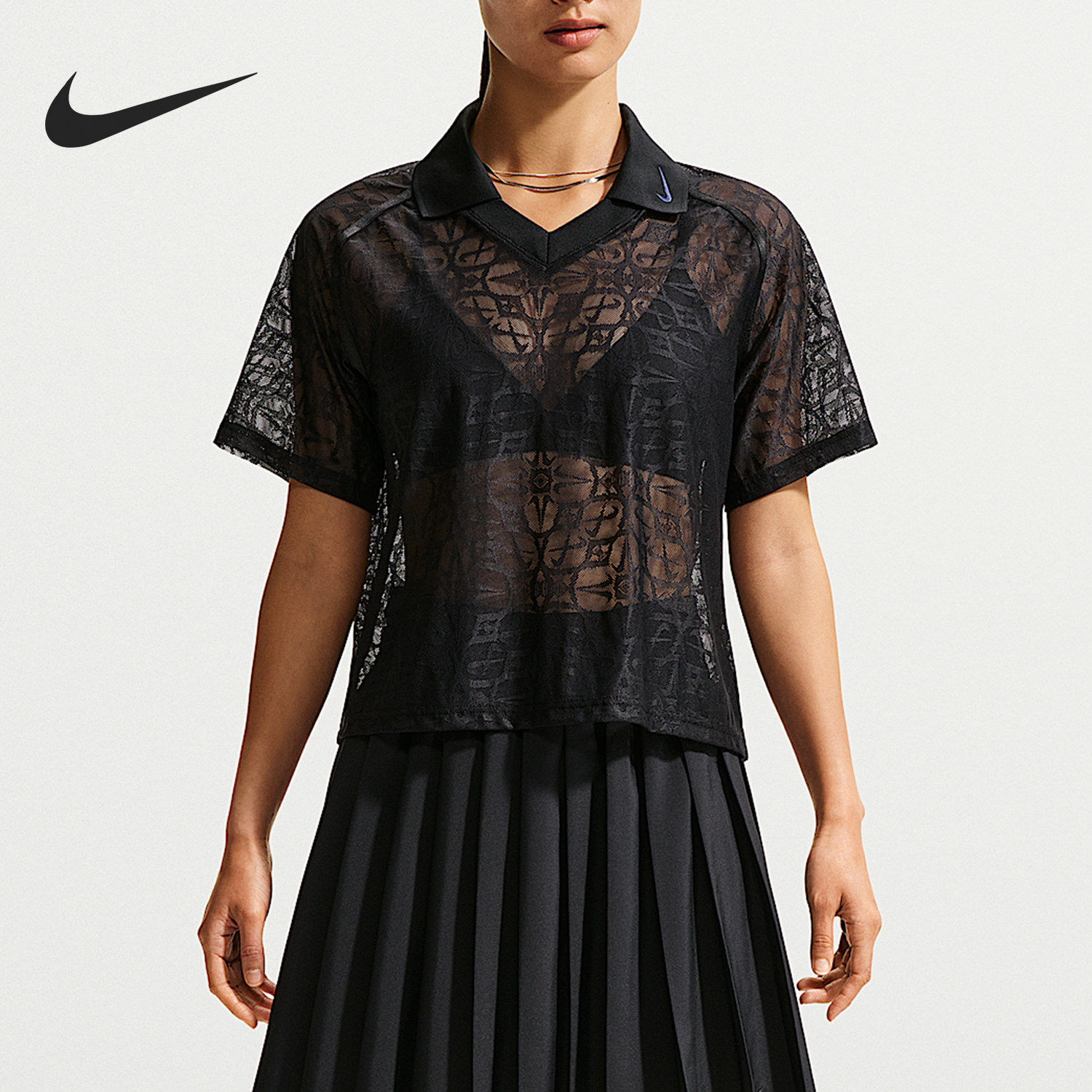 Nike/耐克正品Sportswear女士宽松蕾丝翻领短袖T恤IF0521-010