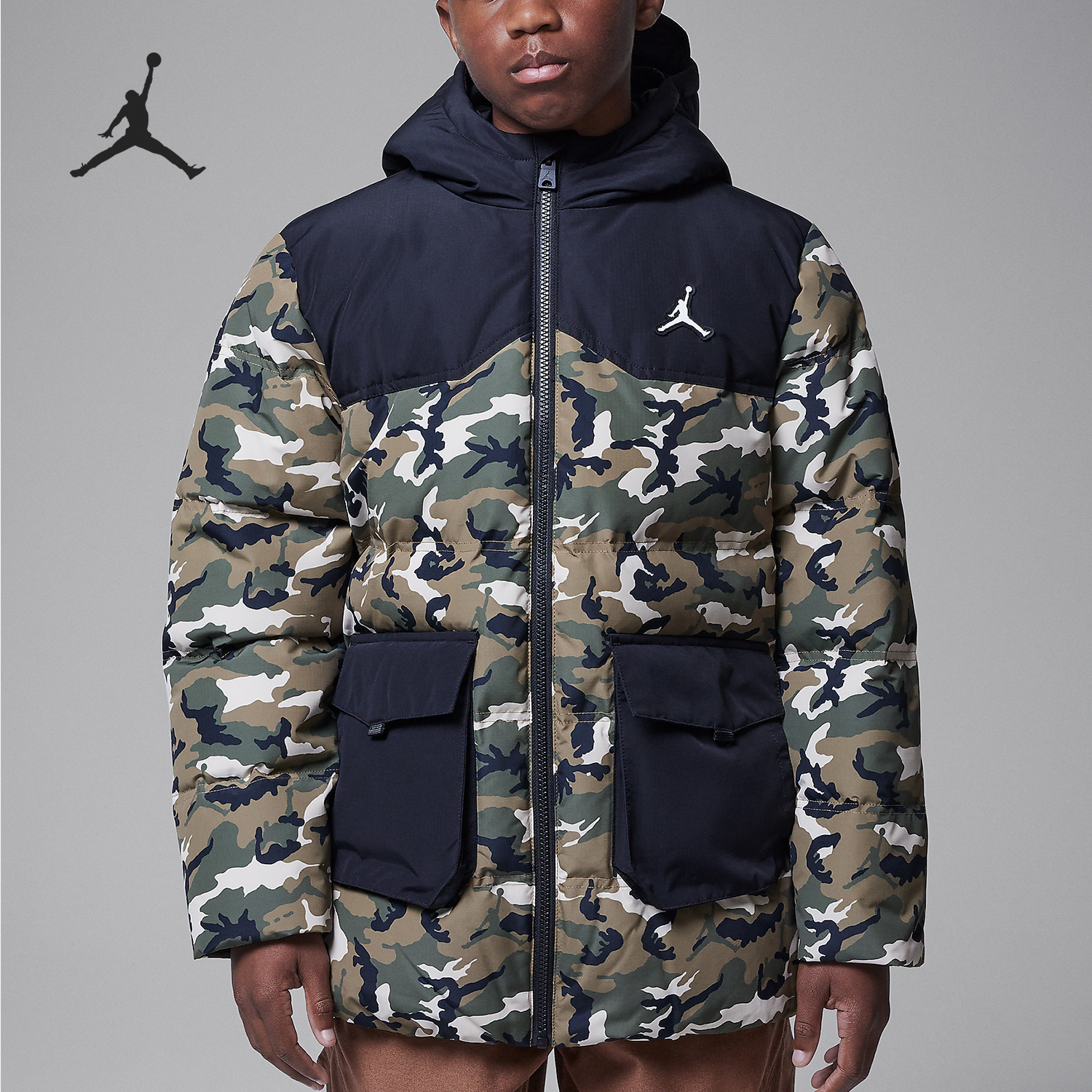 Nike/耐克正品JORDAN大童连帽保暖拼接印花羽绒服HQ7095-222