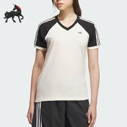 Adidas/阿迪达斯正品三叶草女士V领日常拼接透气休闲短袖KF0316
